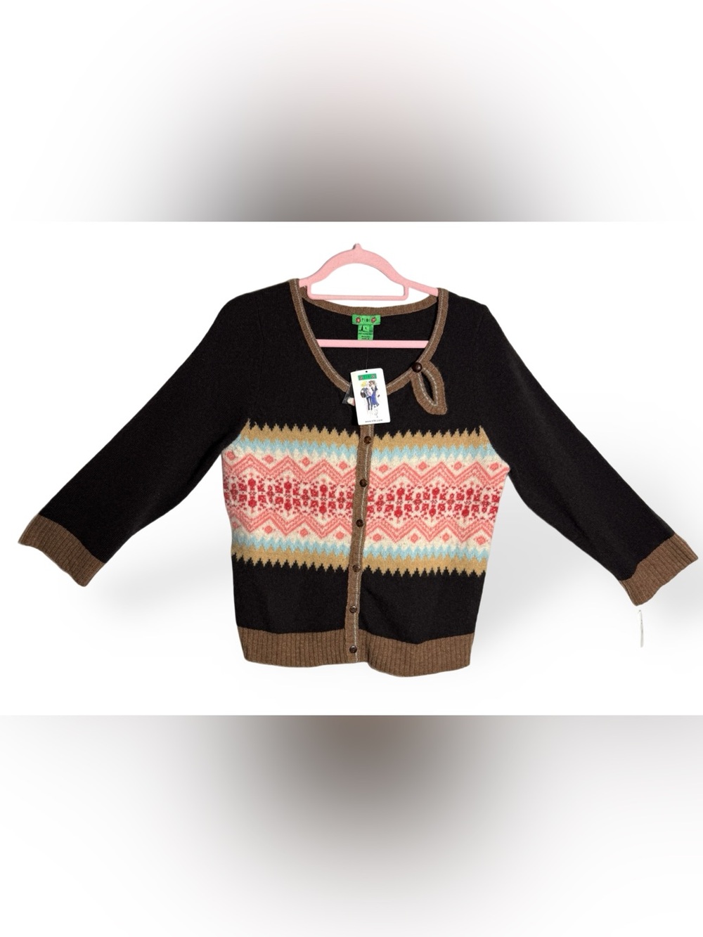 Tibi Brown  Fair Isle Cardigan with Pink & Blue Pattern